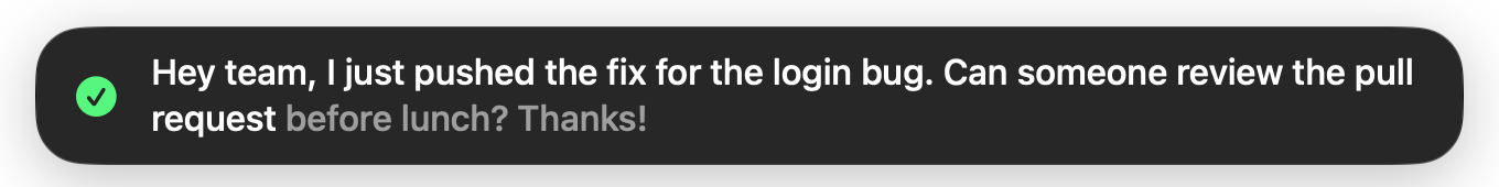 The caption when you let go, with a green tick and the full sentence.